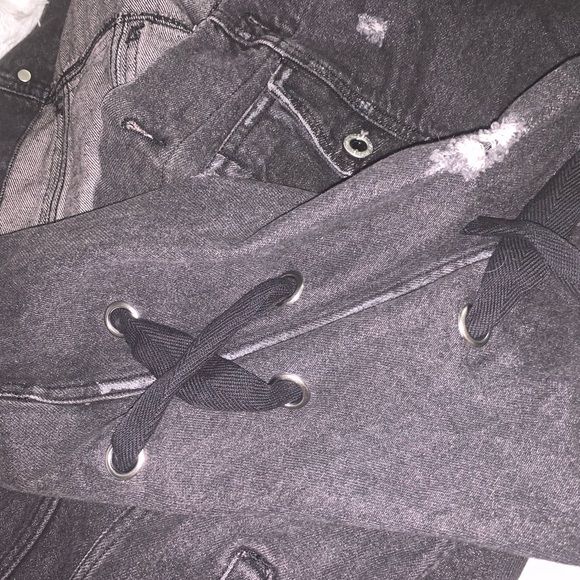 Zara Black Distressed Eyelet Lace-Up Denim Jacket - Picture 12 of 16